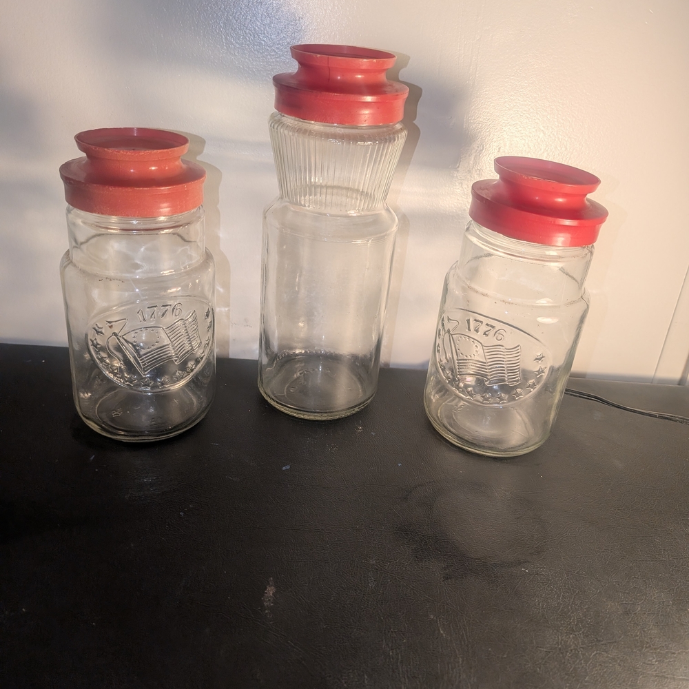 Vintage Glass Kitchen Canisters with Red Lids (Set of 3)